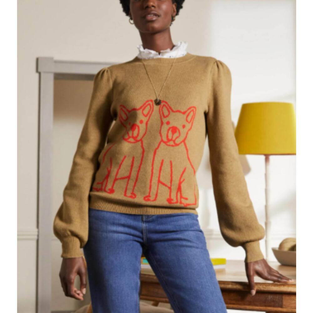 Boden Women's Matilda Blouson Sleeve‎ French Bulldog Knit Sweater Brown Size 2